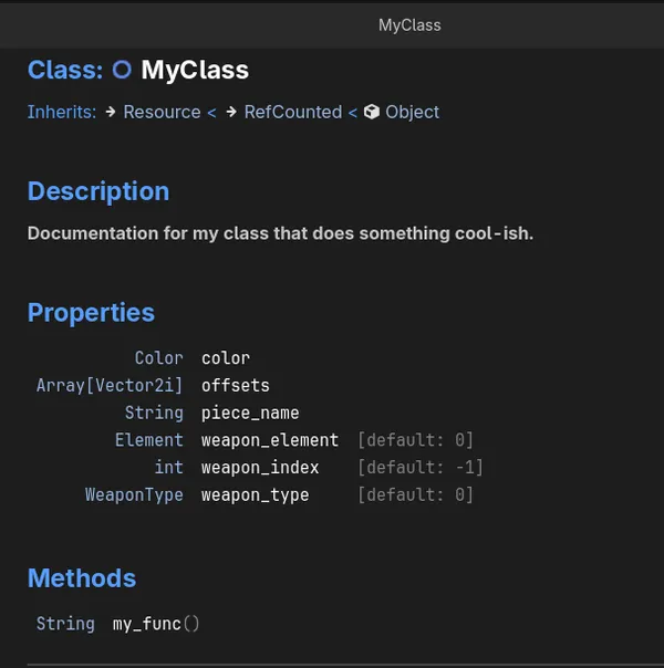 Auto-generated docs for a custom class in Godot