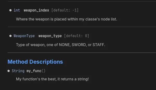 Auto-generated docs showing custom class properties in Godot